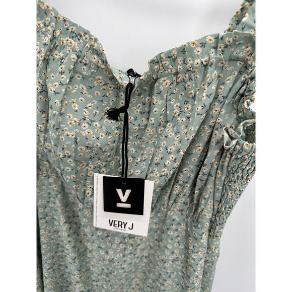 Very J Mint Green Micro Floral Smocked Lined Mini Summer Dress Women's Large NWT - Picture 5 of 9